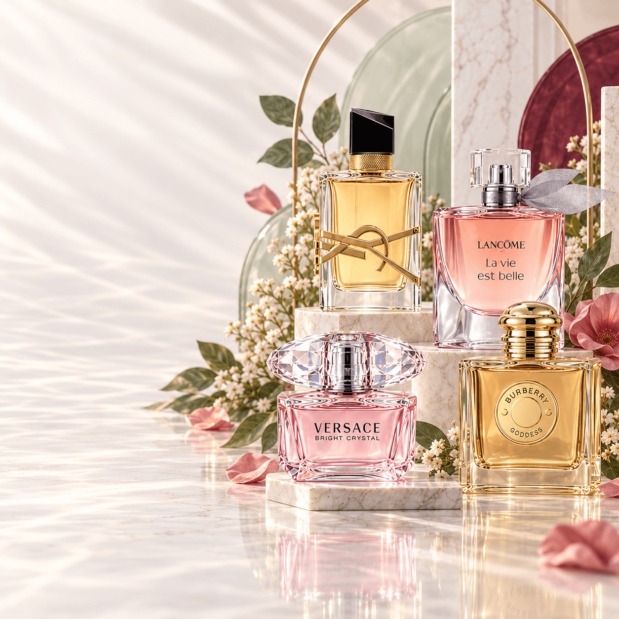 Collection of designer perfume bottles on marble with soft light